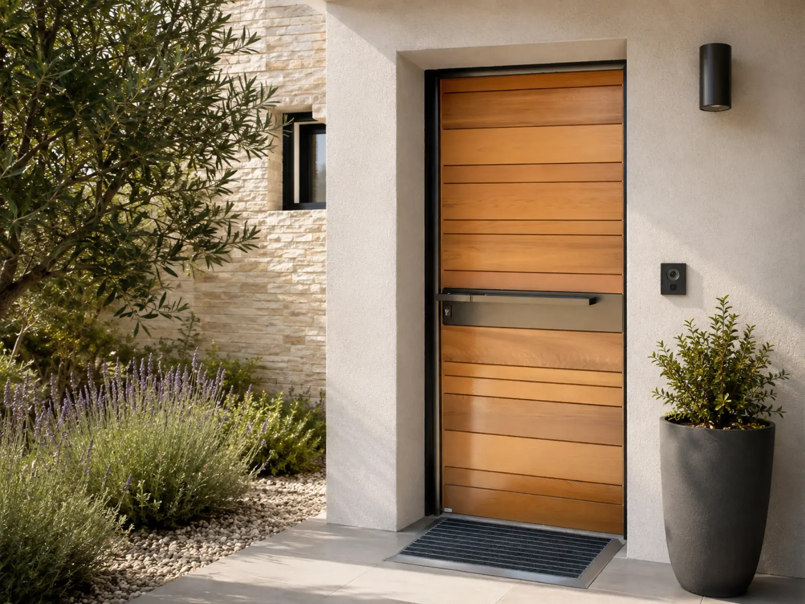 Porte d'entrée sur mesure, entrée de maison avec jardin méditerranéen