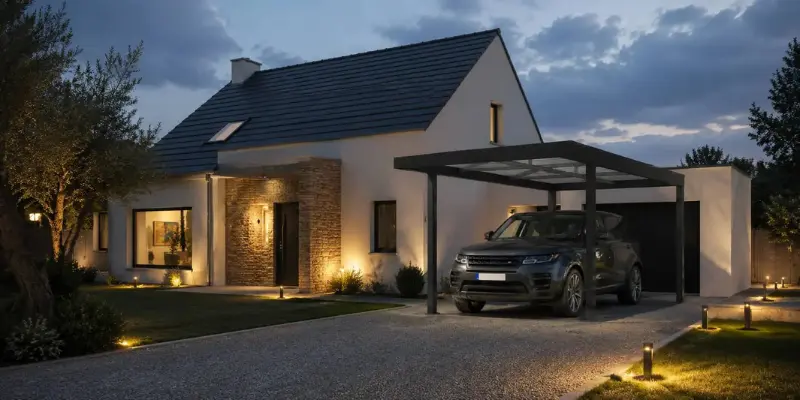 Carport en aluminium abritant un véhicule devant une maison
