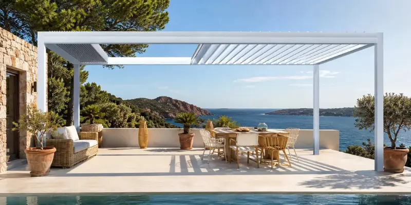 Pergola bioclimatique à lames orientables au-dessus d'une terrasse