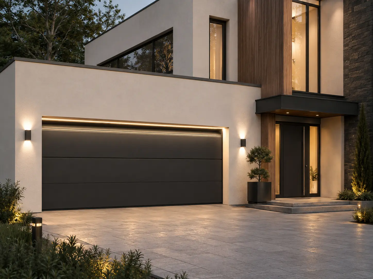 Détail d'une porte de garage : panneau et motorisation